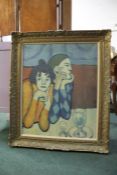 After Pablo Picasso, The Two Saltimbanques, large oleograph on canvas, housed in a gilt frame,