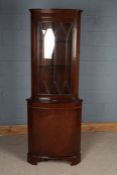 Mahogany effect glazed corner cabinet, with cupboard below, 180cm tall