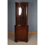 Mahogany effect glazed corner cabinet, with cupboard below, 180cm tall