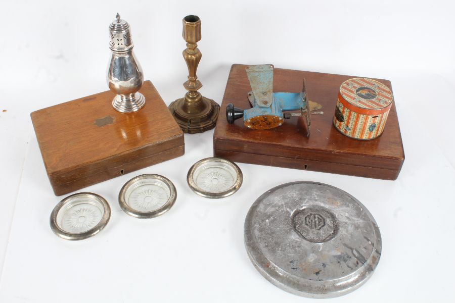 Mixed items, to include two cutlery boxes, 19th century brass candlestick, silver plated castor,