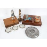 Mixed items, to include two cutlery boxes, 19th century brass candlestick, silver plated castor,