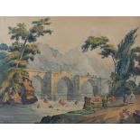 British School, early 19th Century, figures by a bridge, unsigned watercolour, 40cm x 29cm