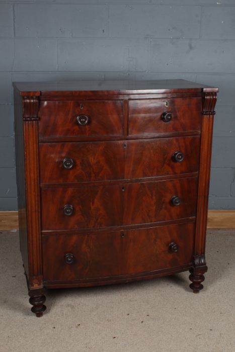 Victorian mahogany chest of drawers, fitted two short over three long drawers, flanked by scroll