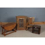 Small oak drop leaf table, together with a pine corner cabinet, a small oak and glazed cabinet and a