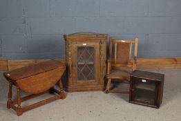 Small oak drop leaf table, together with a pine corner cabinet, a small oak and glazed cabinet and a