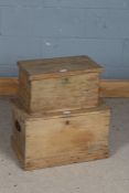 Two pine storage boxes, the larger with carrying handles, 55cm and 44cm wide (2)