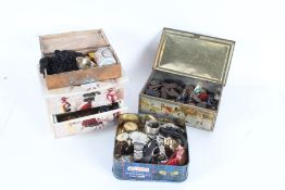 Three tins and a jewellery box, containing costume jewellery, buttons, watches etc., (4)