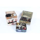 Three tins and a jewellery box, containing costume jewellery, buttons, watches etc., (4)