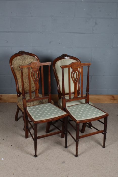 Pair of Edwardian mahogany and inlaid side chairs, together with a pair of Victorian walnut