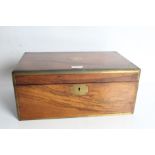 Victorian walnut and brass bound writing box, the hinged lid enclosing a leather inset slope (AF)