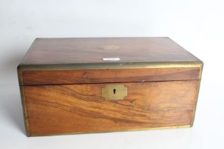 Victorian walnut and brass bound writing box, the hinged lid enclosing a leather inset slope (AF)