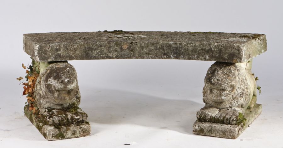 Danish composite stone bench, the arched plinth seat above two stylised lions on plinth bases, 122cm - Image 2 of 2