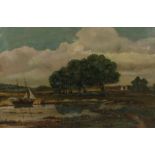 English School (19th Century) Naive river landscape with sailboat and figures, unsigned, oil on