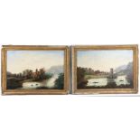 Pair of 19th Century Folk Art oil paintings, French, both showing river scenes and buildings with