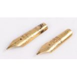 A pair of 14ct yellow gold fountain pen nibs. 1 x Conway Stewart size 5. 1 x Duro Conway Stewart.