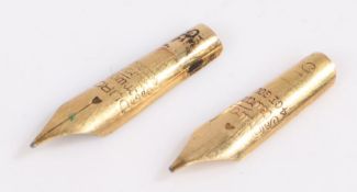 A pair of 14ct yellow gold fountain pen nibs. 1 x Conway Stewart size 5. 1 x Duro Conway Stewart.