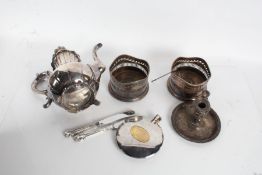 Silver plated ware, to include pair of bottle coasters, coffee pot, chamber stick with snuffer,