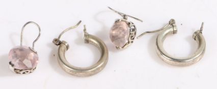 Two pairs of silver earrings, one pair of hoop design and the other set with rose quartz.