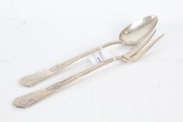 800 silver serving spoon and two tined fork, with foliate and scroll cast handles, 6.1oz