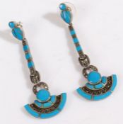 Pair of Art Deco silver and enamel earnings, with a long stem going down to a crescent, 7cm long