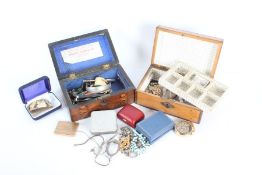 Two wooden jewellery boxes and contents of costume jewellery and sundries (qty)