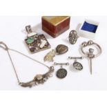Collection of silver and white metal jewellery to include, Scottish brooch, ring, continental silver