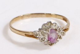 A 9ct gold amethyst and diamond cluster ring. Ring size W. Weighing 1.9 grams.