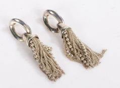 A pair of silver loop earrings with hanging tassels. Weighing 21 grams.