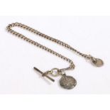 A silver pocket watch chain with an NRA rifle club pendant and t-bar chain with two 3 pence coins,