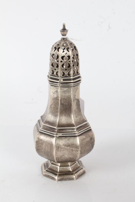 George V silver sugar castor, Sheffield 1926, maker Walker & Hall, of bulbous octagonal form, 16.5cm