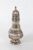 George V silver sugar castor, Sheffield 1926, maker Walker & Hall, of bulbous octagonal form, 16.5cm