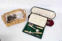 Pair of Elkington silver plated fish servers, cased, cased set of four preserve and pickle utensils,