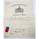 Guy's Hospital, 1873, large vellum certificate of honour, coat of arms, black printing with