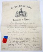 Guy's Hospital, 1873, large vellum certificate of honour, coat of arms, black printing with