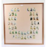 Set of 48 cigarette cards depicting famous jockeys, arranged in a horseshoe pattern, housed in a