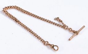 A 9ct yellow gold graduating pocket watch chain with a t-bar.  Length 30cm. Weighing 17.4 grams.
