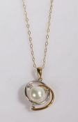 A 9ct yellow and white gold pearl and diamond pendant, suspended from a 9ct yellow gold chain.
