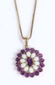 A 9ct yellow gold amethyst and opal cluster pendant suspended from a 9ct yellow gold box chain.