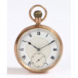 9 carat gold open face pocket watch, the white dial with Roman numerals and subsidiary seconds dial,