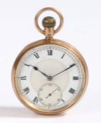 9 carat gold open face pocket watch, the white dial with Roman numerals and subsidiary seconds dial,