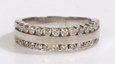 A 14ct white gold two band diamond ring.  Total approx. diamond carat weight 0.50cts.  Colour: H-