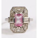 A white metal art deco pink tourmaline and diamond cluster ring. Approx. carat weight of tourmaline: