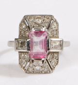 A white metal art deco pink tourmaline and diamond cluster ring. Approx. carat weight of tourmaline: