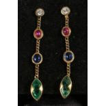 A pair of 18ct yellow gold fancy drop earrings set with diamonds, emeralds, sapphire and ruby