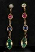 A pair of 18ct yellow gold fancy drop earrings set with diamonds, emeralds, sapphire and ruby