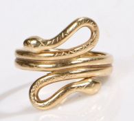 A 9ct yellow gold snake ring with two heads. Ring size Q. Weighing 5.40 grams. Used, in very good