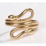 A 9ct yellow gold snake ring with two heads. Ring size Q. Weighing 5.40 grams. Used, in very good