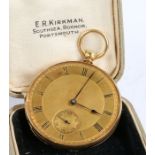 18ct yellow gold open face pocket watch, the gold coloured dial with Roman numerals and subsidiary