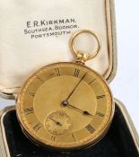 18ct yellow gold open face pocket watch, the gold coloured dial with Roman numerals and subsidiary