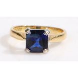 An 18ct gold solitaire sapphire ring. Approx sapphire carat weight: 1.60cts. Ring size M 1/2.